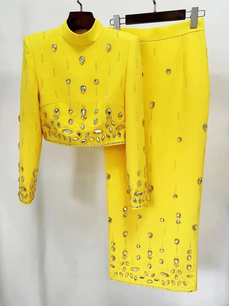 KIMLUD, TWOTWINSTYLE Solid Spliced Diamonds Two Piece Set For Women Stand Collar Long Sleeve Tops High Waist A Line Skirt Set Female New, KIMLUD Womens Clothes