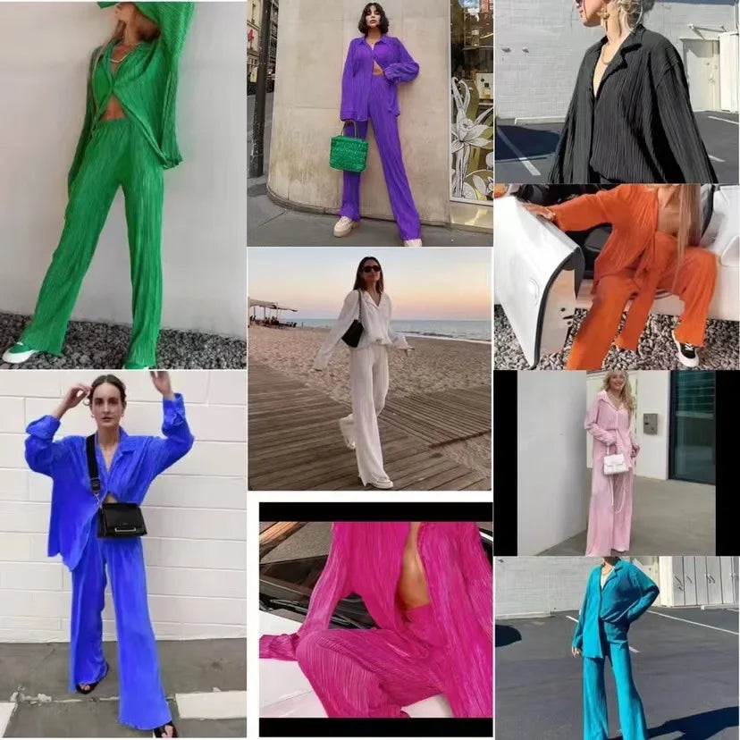 KIMLUD, 2023 Spring Summer Best Seller Solid Color Draped Loose Fit Smooth Pleated Women's Casual 2-Piece Set Stock Available, KIMLUD Womens Clothes