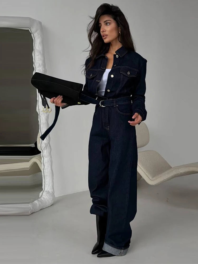 Denim-Inspired Jumpsuit Turn-Down Collar Lace-Up Full Sleeve Wide-Leg — Brown | KIMLUD