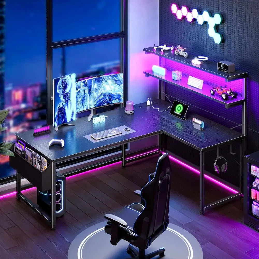 LED-lit 43.3 L-Shaped Gaming Desk with Power Outlet, Storage, and Hook for Home or Office