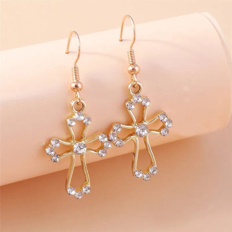 Silver-Tone Cross Earrings Zircon Crystal Dangle — Silver | KIMLUD
