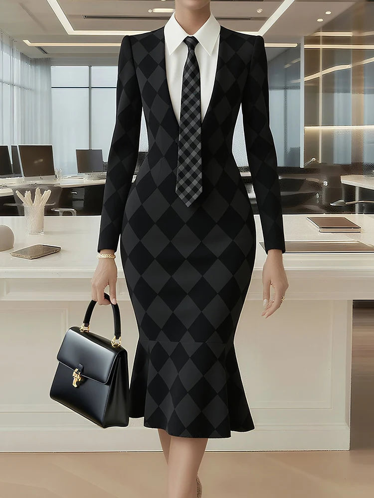 Turn-Down Collar Simple Mermaid Dress, Women Spring Autumn Long Sleeve Print Trumpet Dress, New Fashion Office Chic Ladies Dress