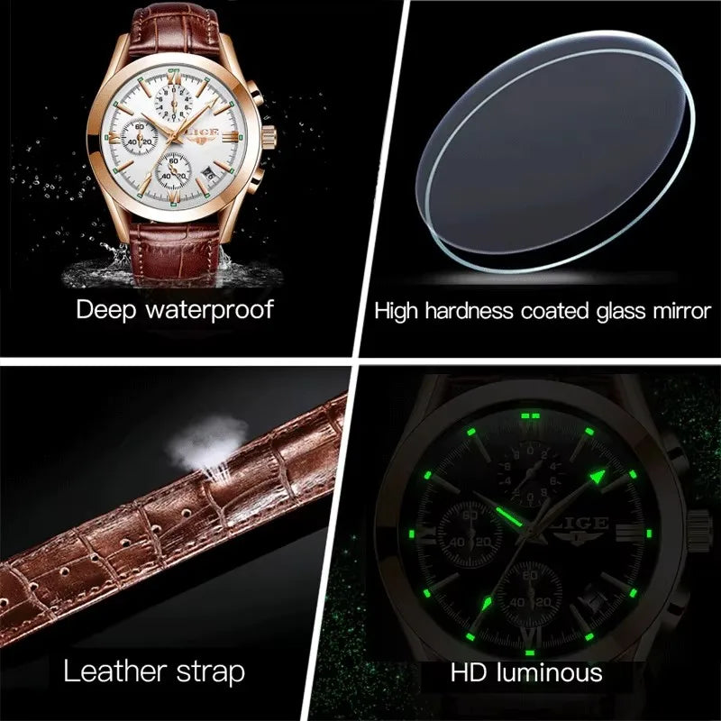 LIGE Men Watch Top Brand Luxury Waterproof Luminous Sport Wristwatch Quartz Military Genuine Leather Relogios Masculino+Box