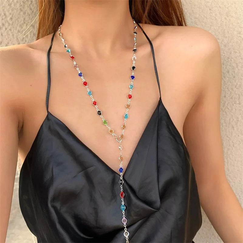 Bohemian Colorful Glass Long Y-Shaped Necklace Metal Collarbone Chain Gold Silver Color Summer Holiday Party Body Jewelry Gifts