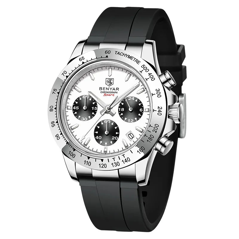 BENYAR New Casual Mens Quartz Watches Steel Bezel Silicone Strap Waterproof Multifunctional Luminous Wristwatch For Man