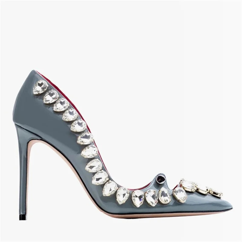 Crystal Embellished Patent Leather Pumps Crystal Trim — Black | KIMLUD