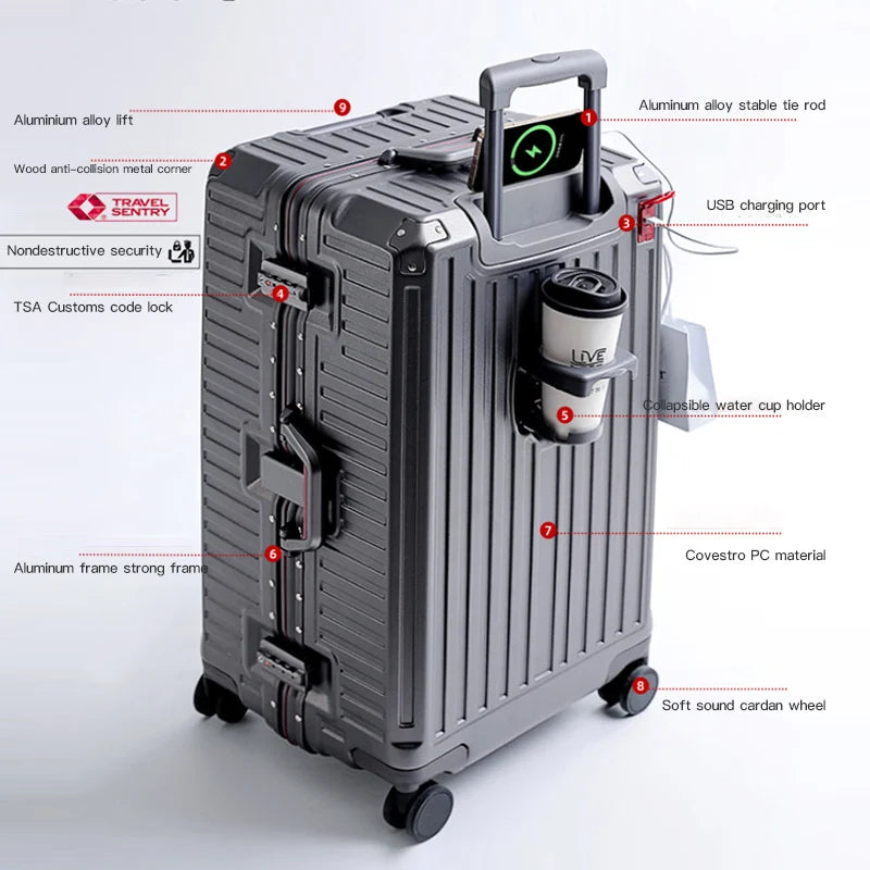 Suitcase Wide Handle Travel Suitcase Men 20 24 26 Carry-On Luggage Women PC Aluminum Frame Trolley Case