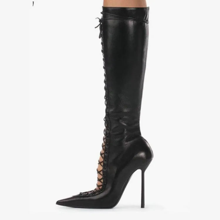 Lace-Up Leather Cross-Strap Knee High Boots — Brown | KIMLUD