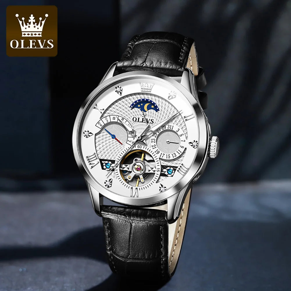 Leather Moon Phase Automatic Watch — Black | KIMLUD