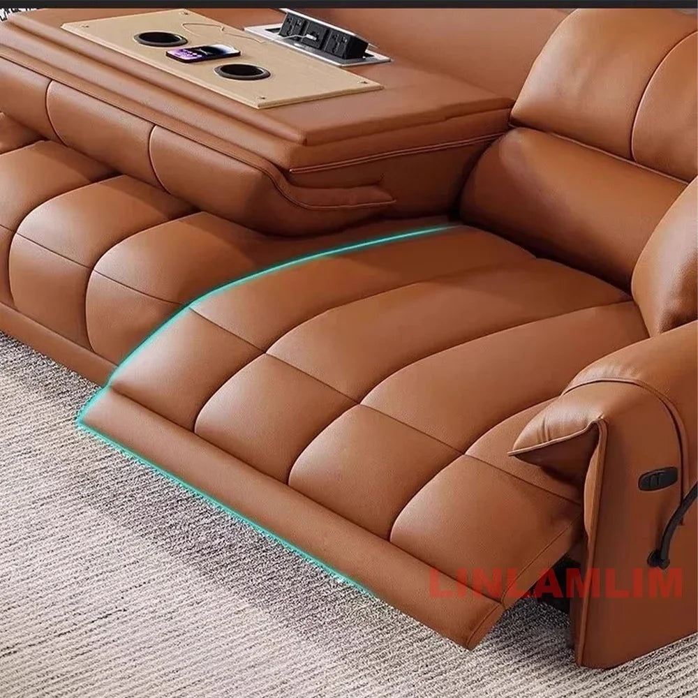 Italian Genuine Leather Electric Reclining Sofa With Adjustable Footrest USB And Foldable Center Console — Caramel Tan | KIMLUD