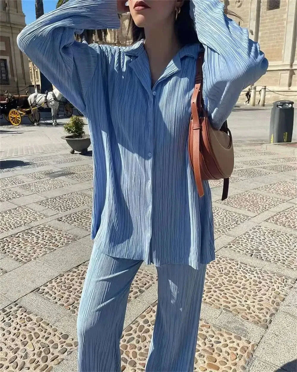 KIMLUD, 2023 Spring Summer Best Seller Solid Color Draped Loose Fit Smooth Pleated Women's Casual 2-Piece Set Stock Available, KIMLUD Womens Clothes