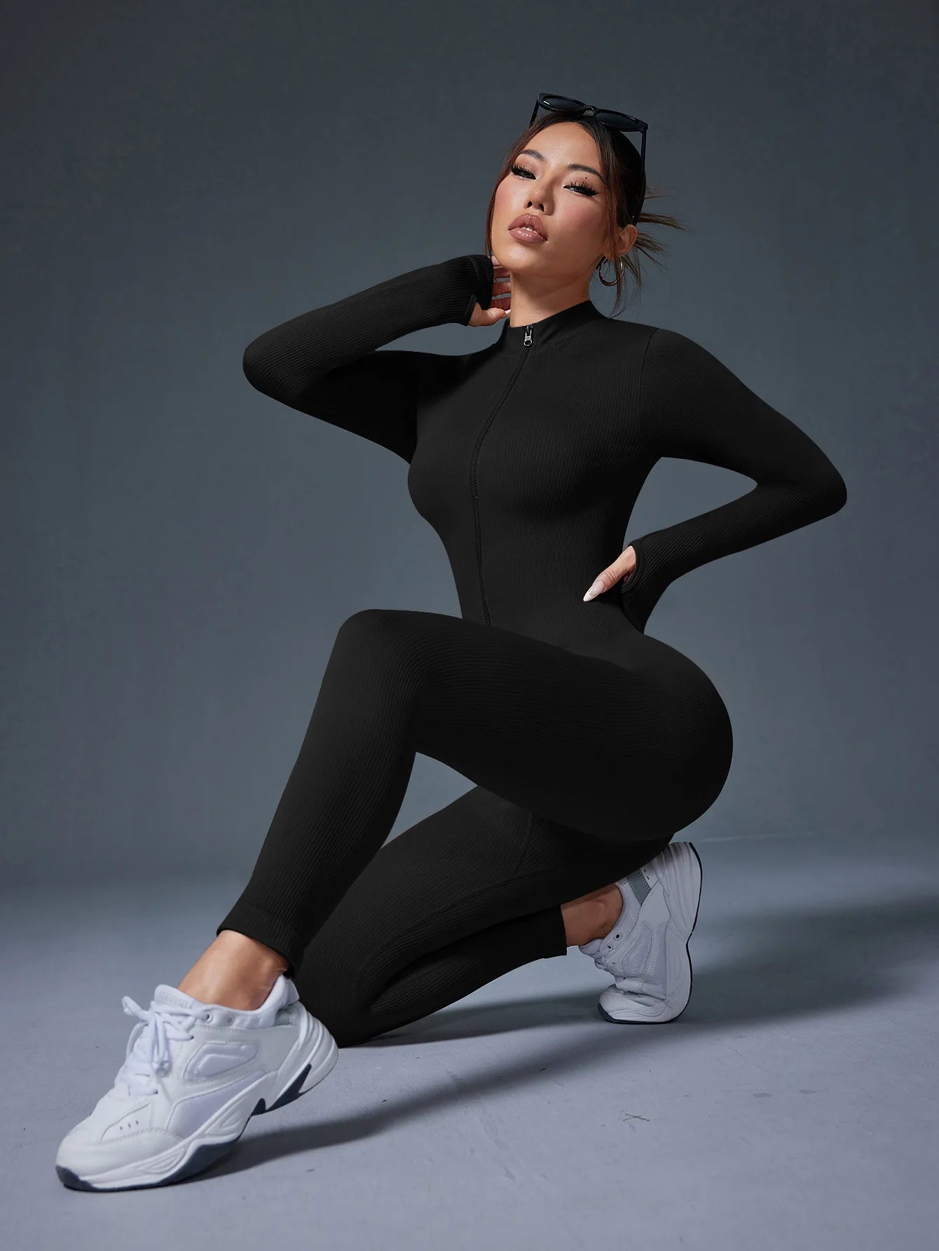 Nylon/Spandex Jumpsuit Half Zip Activewear — Black | KIMLUD