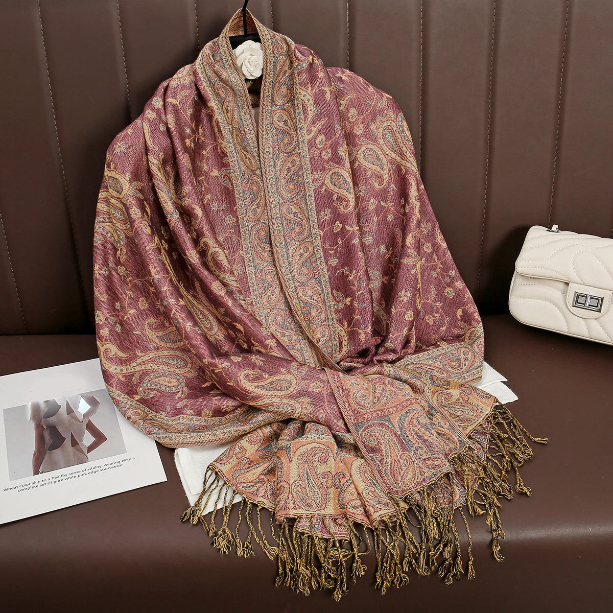 Cashmere Pashmina Shawl With Autumn Print Design, Olive Accents And Gold-Toned Fringe — Red | KIMLUD