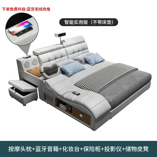 Multi functional intelligent massage tatami leather bed master bedroom double 2m bed wedding bed modern minimalist projector