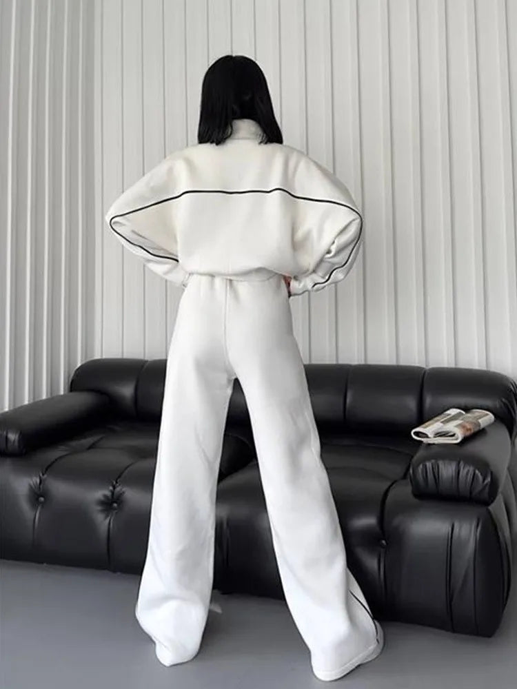 Lace-Up Cardigan Sweatshirt Two-Piece Set Lace-Up Trim — Cream-Ivory | KIMLUD