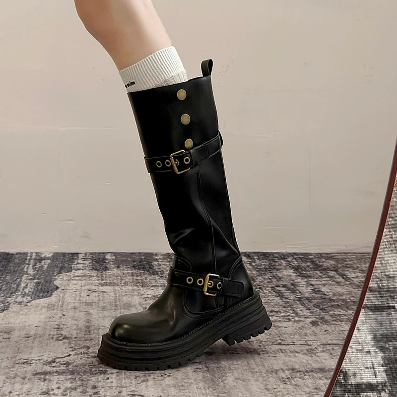 Winter Vintage Platform Thick Sole Woman Knight High Boots Concise Belt Buckle Front zipper Shoes Ladies Slim Modern Long Botas