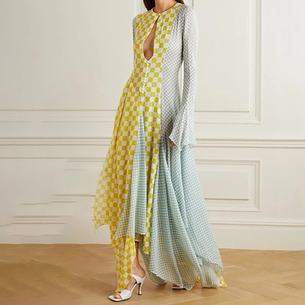 Elegant Patchwork Plaid Dinner Party Dresses Button Inserts Long Sleeves Asymmetric Vibrant Evening Gown for Performance