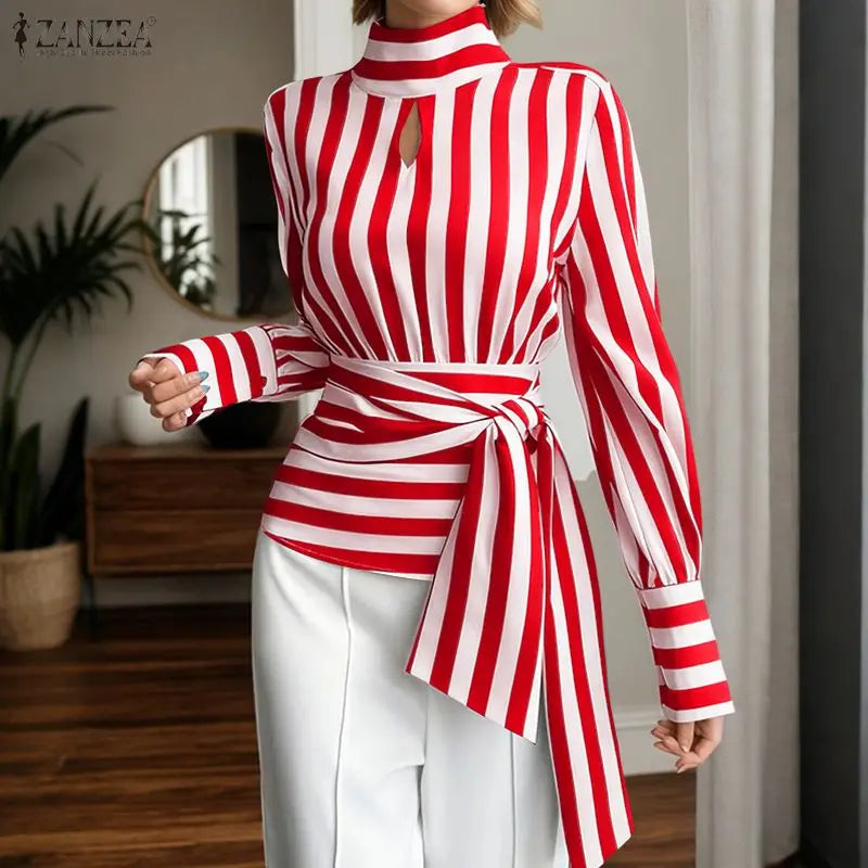 ZANZEA Women Stylish Tie Waist Striped Blouses 2025 Autumn Fashion Long Sleeve Cutout Turtleneck Tops Woman Clothing Streetwear