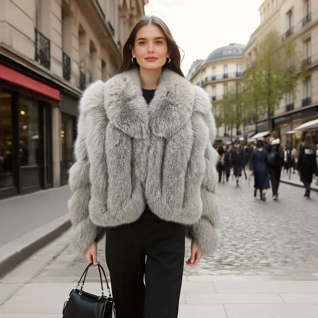 KIMLUD, Women Genuine Natural Golden Island Fox Fur Coat with fox fur collar For Winter Fashion Short Jacket, KIMLUD Womens Clothes