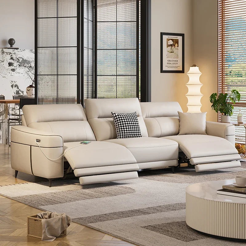 Leather Nordic Sofa Daybed Recliner — Ivory-Beige | KIMLUD