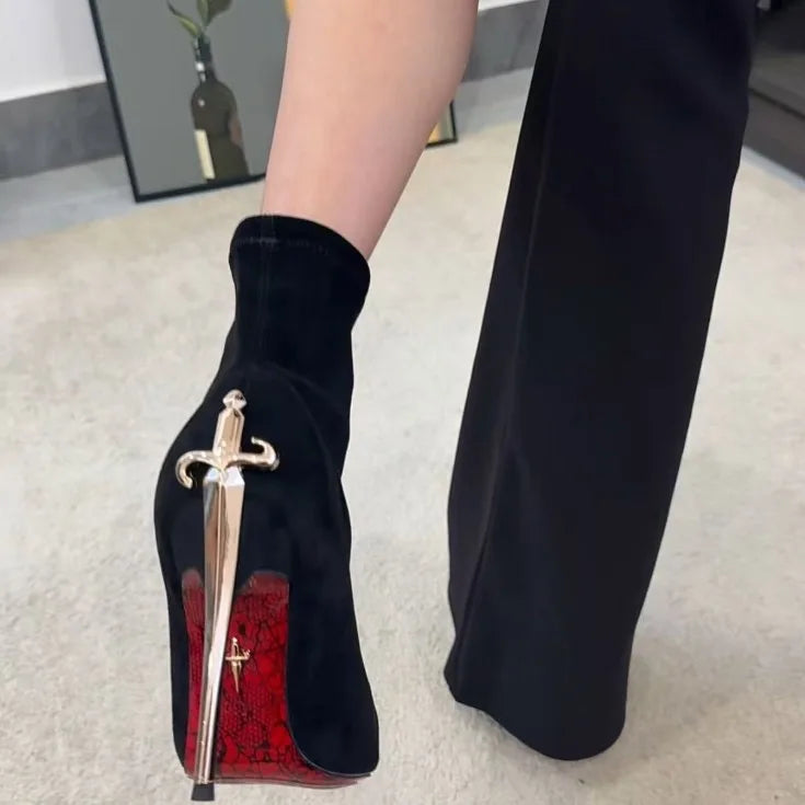 Velvet Boots "High Heel Ankle Boots" Winter — Red | KIMLUD
