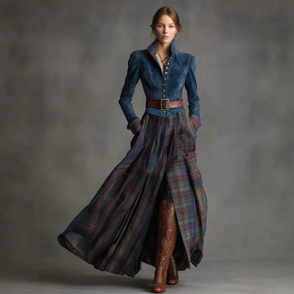 Leather Velvet Splicing Plaid Maxi Dress — Navy | KIMLUD