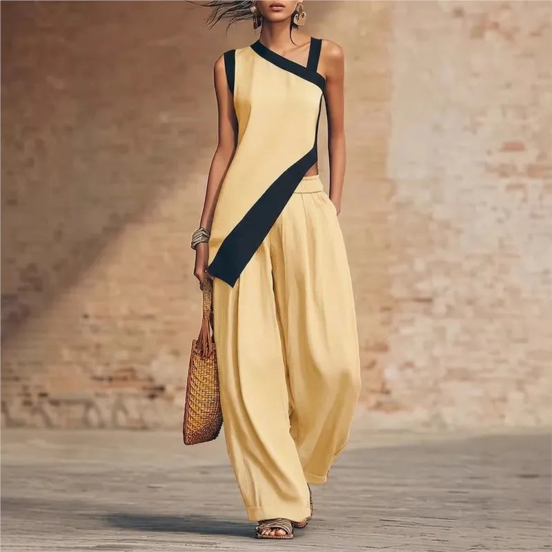 Wide Leg Color Block Pants And Top Set — Black | KIMLUD