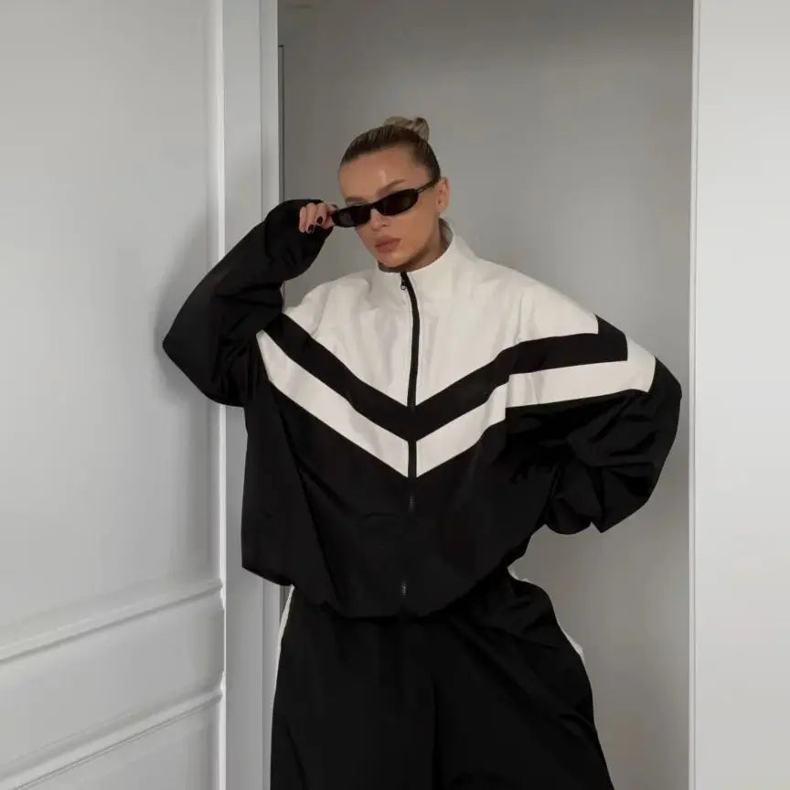 Patchwork Trench Set Two-Piece — Black And White | KIMLUD