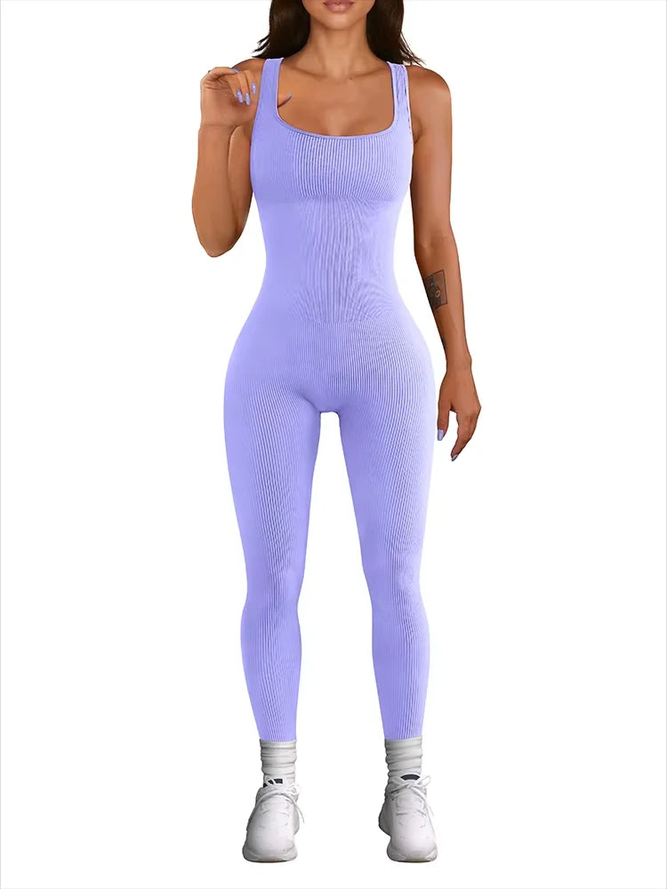 Women's Sleeveless Yoga Jumpsuit Exercise Ribbed Square Neck Vest High Waist Fitness Sports One-piece Yoga Suit