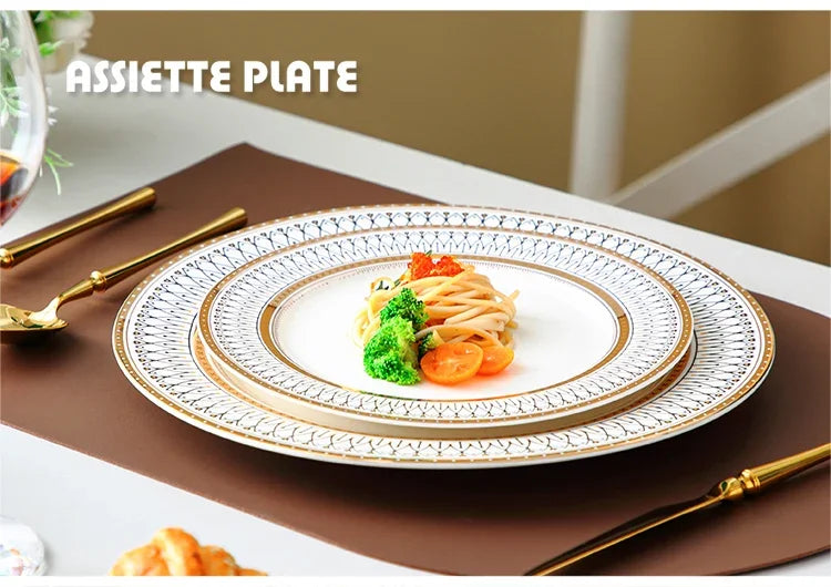 Ceramic European Style Dessert Plate With Gold Rim And Subtle Depth — White | KIMLUD
