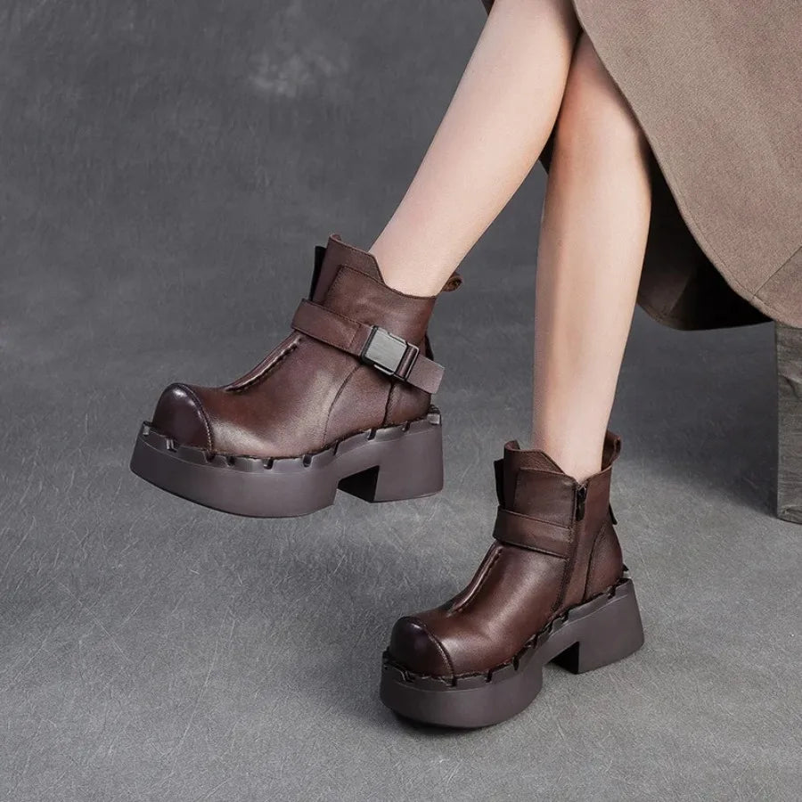 6.5cm Cow Natural Genuine Leather Autumn Flats Comfy Shoes Platform Wedge Elthnic Big Toe Women Ankle Booties Rubber Spring