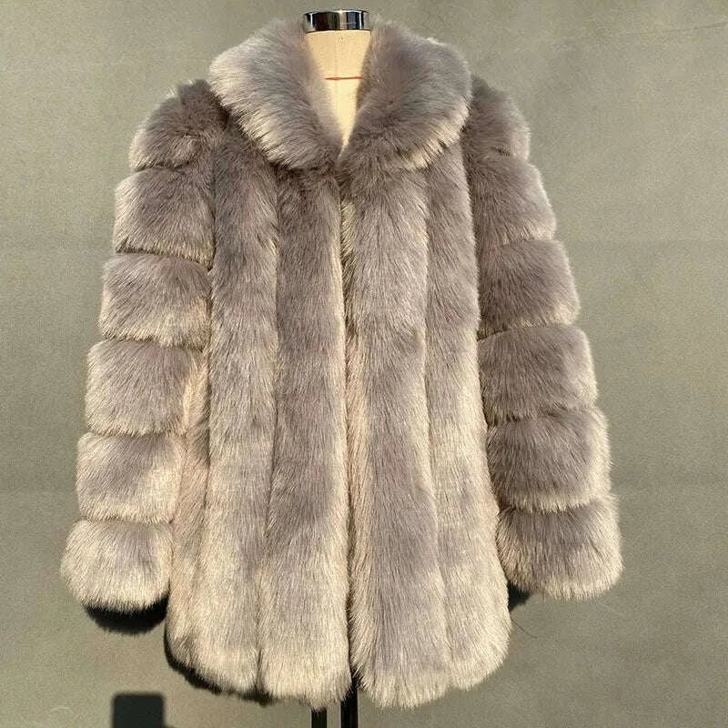 KIMLUD, 2025 Winter Women's Mid-Length Faux Fox Fur Coat Plush Luxe Warm faux fur Trench Elegant Thermal Outerwear Faux Fur Tops, KIMLUD Womens Clothes