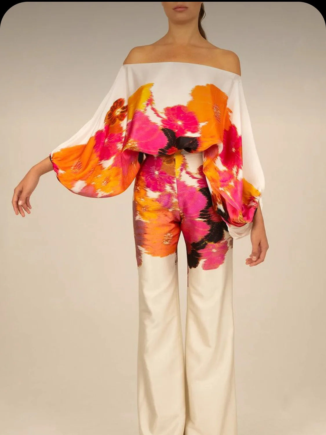 Satin Print Pajama Set Off-Shoulder Slash-Neck Top Long Pants — White | KIMLUD