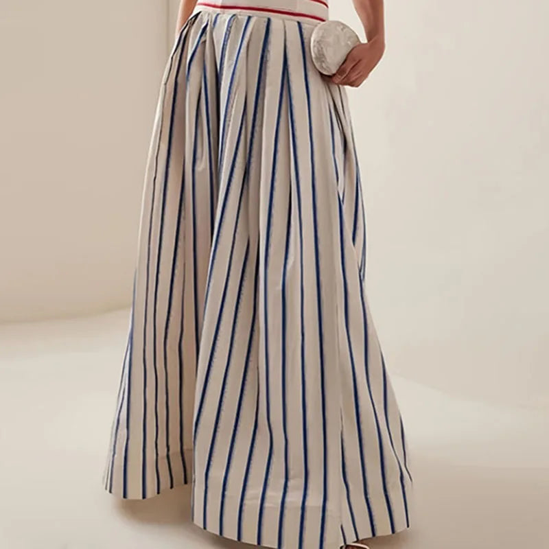 Strapless Backless Striped Maxi Dress With Red Bodice Stripes And Cobalt Lines — White | KIMLUD
