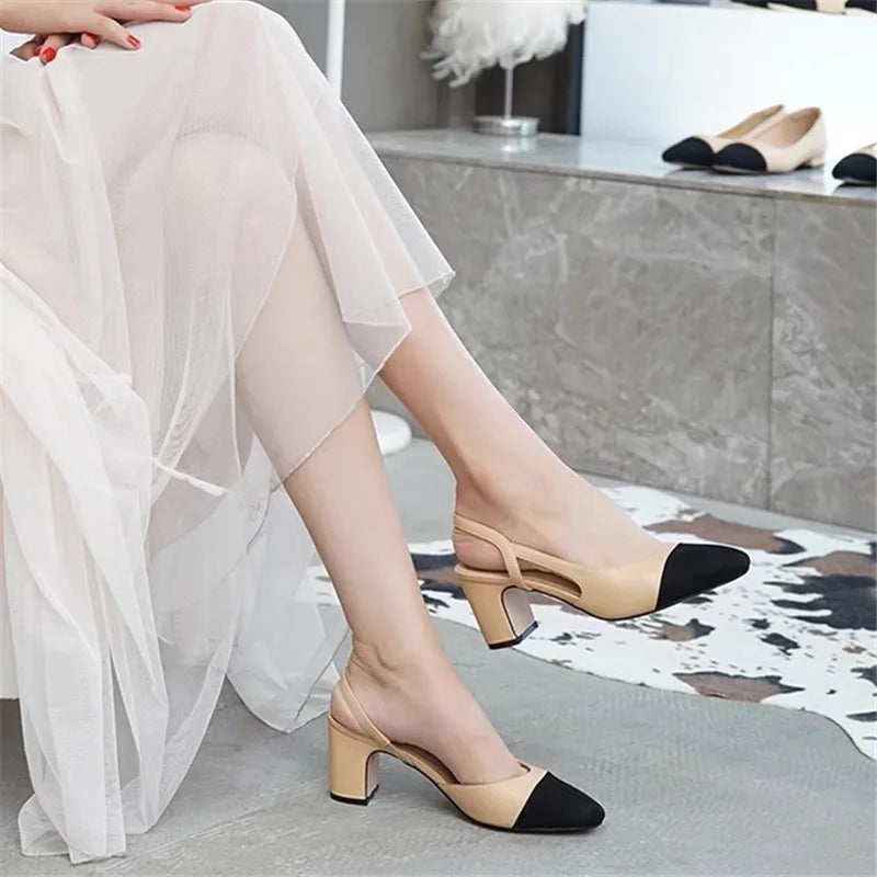 2025 Summer Women Luxury High Heels Shoes for Woman's Color Splicing Mixed Color Round Toe Sandals Ladies Slippers Casual Shoes