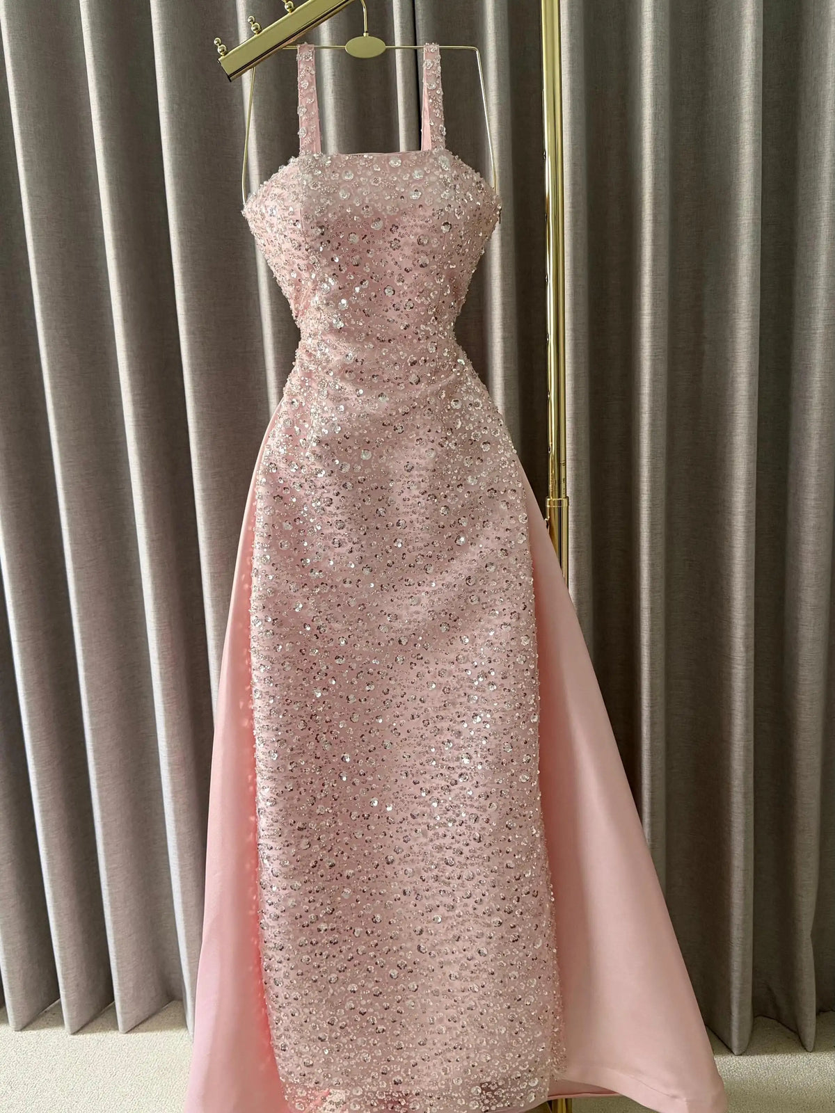Evening Dress - Spaghetti Strap Beaded Sequins - Pink Satin Train | KIMLUD