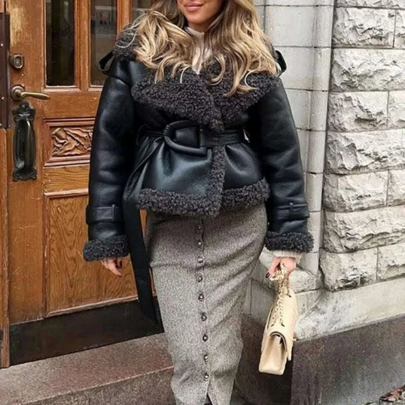 KIMLUD, Faux Fur Leather Long Jacket Women Lapel Long Sleeve Belt Thicken Female Coats Winter Fashion Street Patchwork Lady Outwear, KIMLUD Womens Clothes