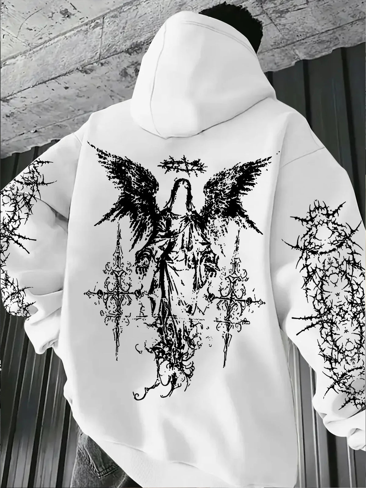 Hooded Sweatshirt – Angel Graffiti Thorn Print – Polyester – Regular Fit | KIMLUD