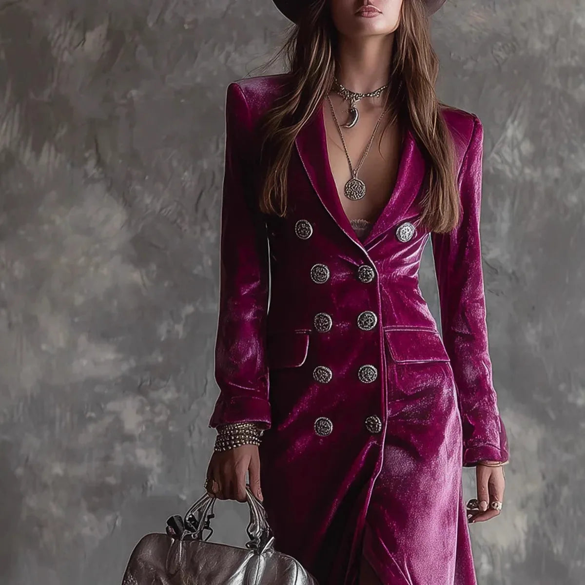 Velvet Double Breasted Dress for Women's Long Sleeve Lapel Collar Split Hem Elegant Vintage Casual Slim Fall Winter Midi Dress