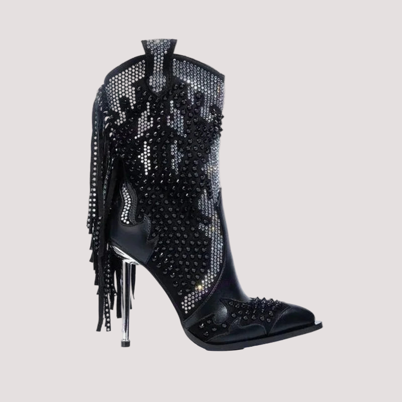 Black Tassel Crystal Decor Ankle Boots Pointed Toe Shoes for Women Thin High Heels Sexy Runway Shoes 2025 Zapatos Para Mujere
