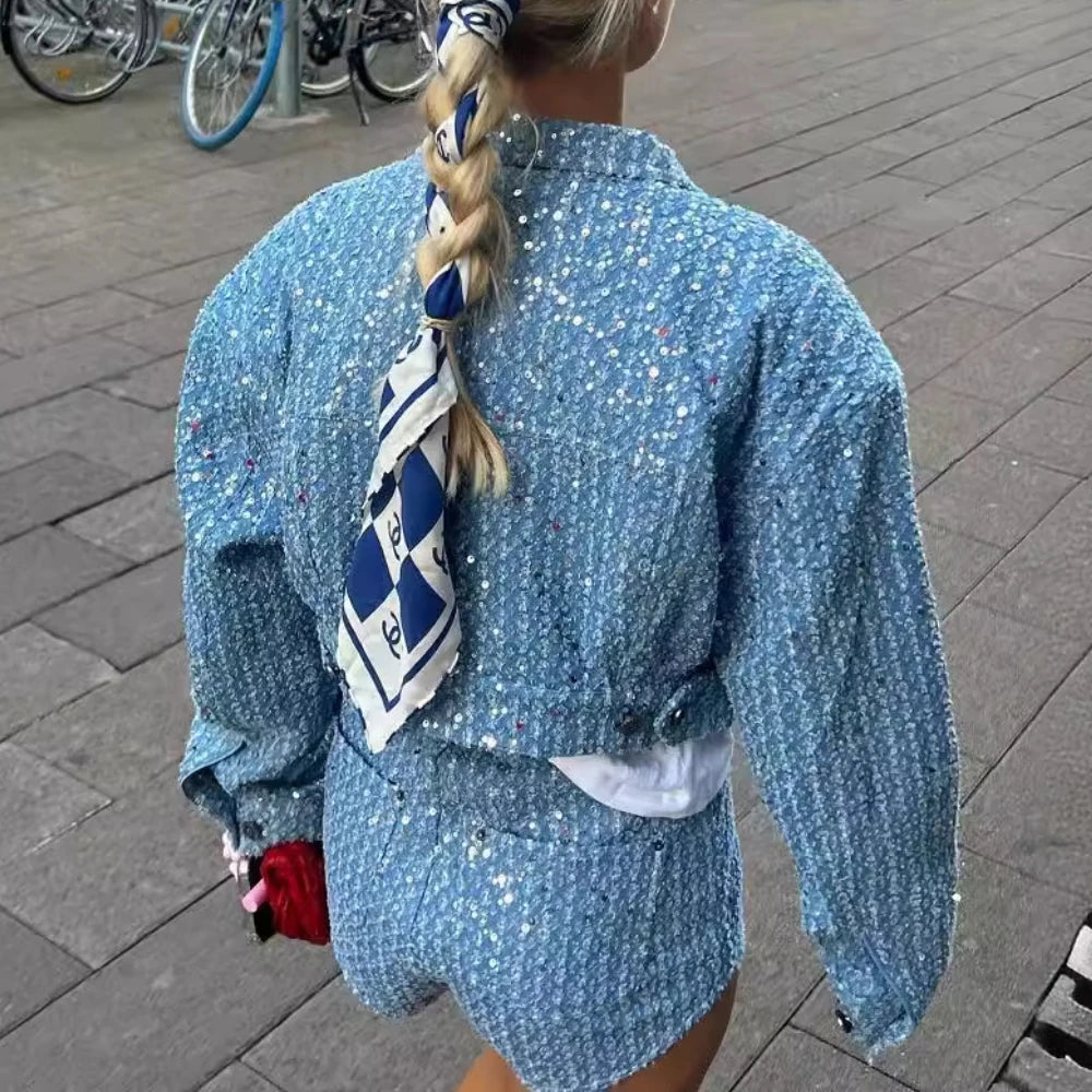 KIMLUD, TWOTWINSTYLE Slimming Two Piece Set for Women Lapel Long Sleeve Spliced Sequins Jackets High Waist Patchwork Pockets Pant Female, KIMLUD Womens Clothes