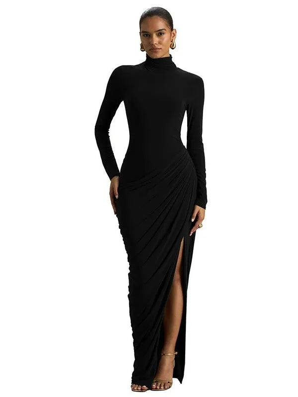 Thick Jersey Pleated Bodycon Dress — Brown | KIMLUD