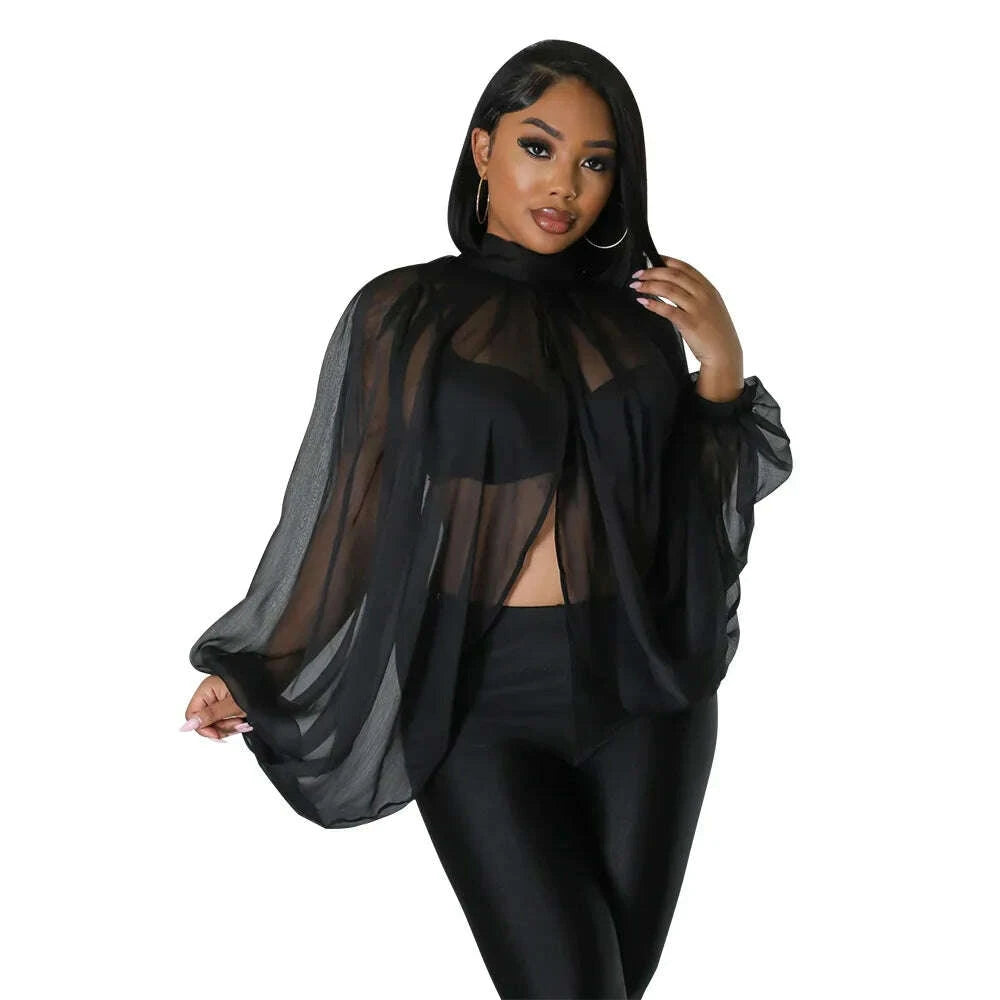 KIMLUD, Women See Through Sheer Chiffon Blouse Sexy Front Back Open High Neck Self Tie Shawl Casual Shirts Y2K Night Club Party Tops, KIMLUD Womens Clothes