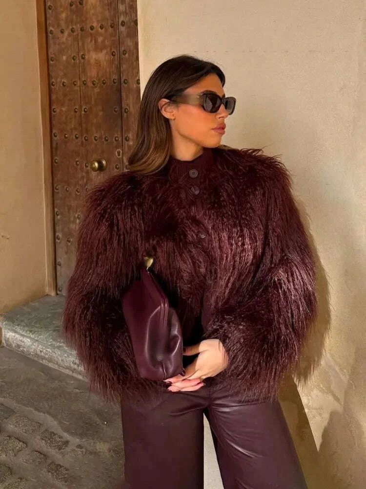 KIMLUD, HH Women's New Faux Fur Effect Knitted Crew Neck Jacket Female Winter Elegant Temperament Single-Breasted Long Sleeve Coat, KIMLUD Womens Clothes