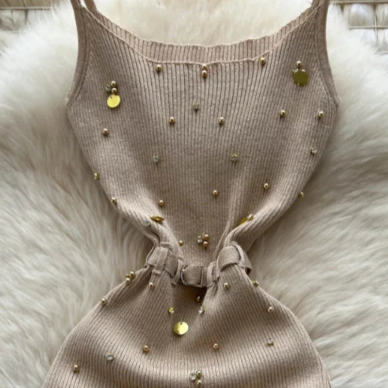 Knit Dot Embellished Bodycon Maxi Dress — Beige | KIMLUD