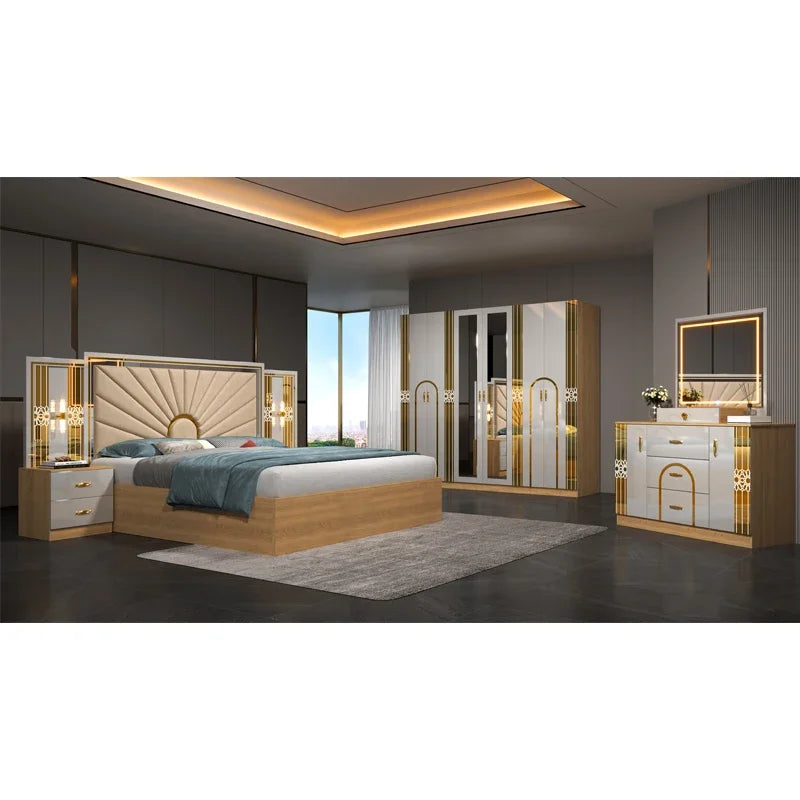 A Luxury Royal king Size Bedroom Sets Elegant Super Size Turkish Style Gold Mirrored LED Lighted Dubai Bedroom Furniture Set