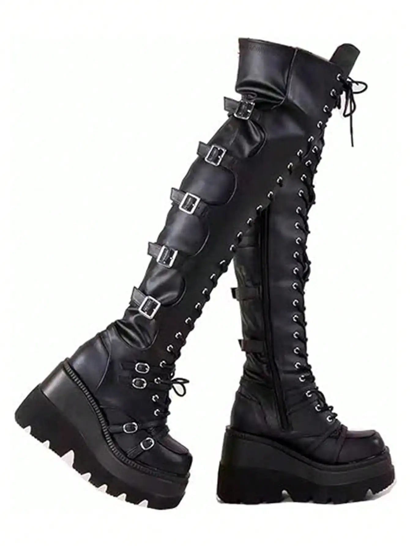 Gothic Over The Knee Boots Y2k Chunky Heel Lace Up Combat Booties Metal Buckle Punk Women Cosplay Holloween Dress Shoes