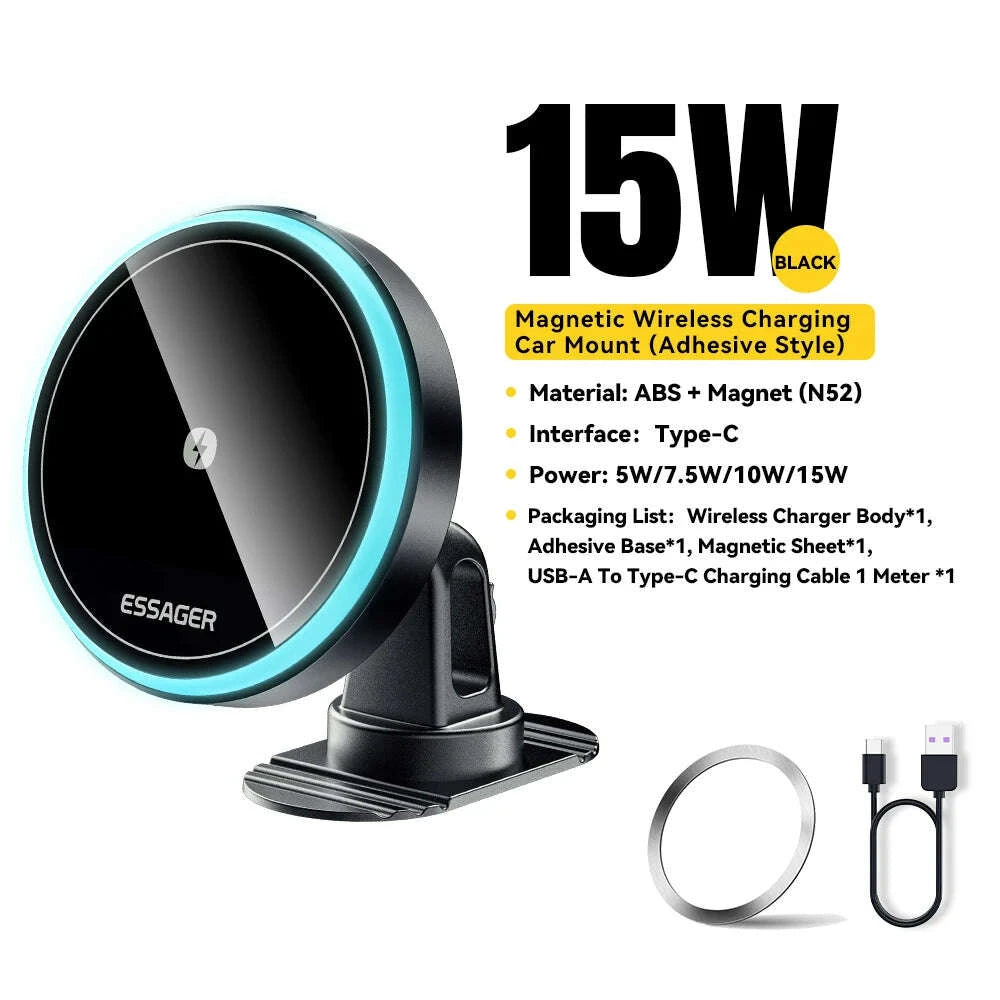 KIMLUD, Essager Magnetic Wireless Charger Car Phone Holder 15W RGB Seven Color Light Fast Charging Mount Stand For IPhone15 14 13Android, KIMLUD Womens Clothes