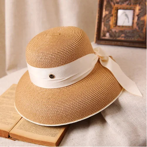 Straw Retro Bow Wide Brim Sun Hat — Natural | KIMLUD