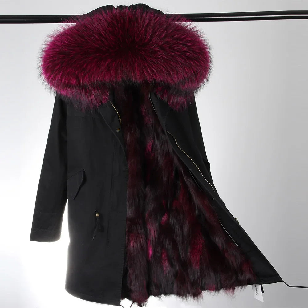 Maomaokong Winter Women's Fur Jacket Long Outdoor Tops Real Fox Fur Collar Inner Fur Lining Parka Natural Silver Fox Women Coat